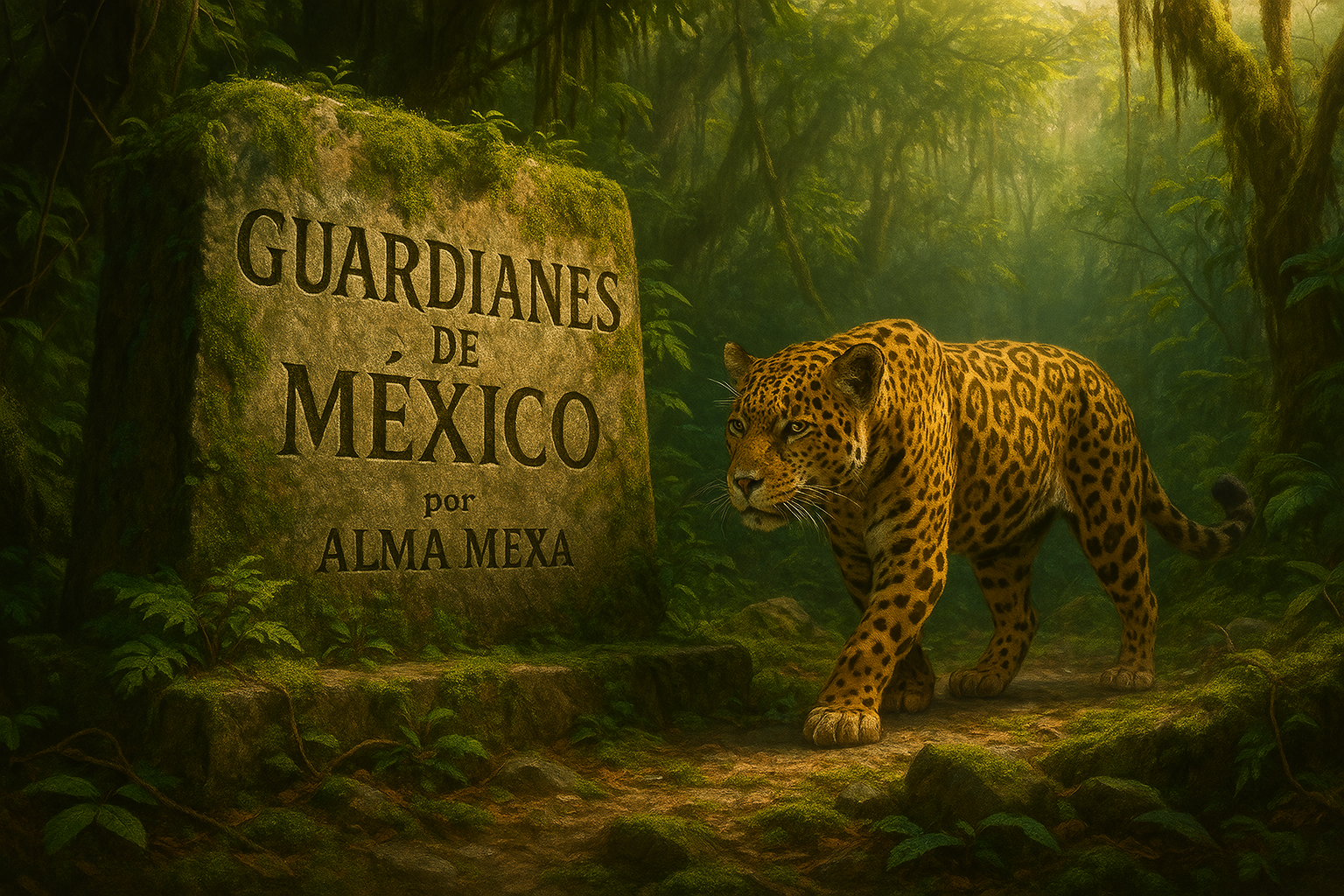 Jaguar caminando entre ruinas mayas con la inscripción “Guardianes de México por Alma Mexa”, en una escena iluminada por luz solar en la selva