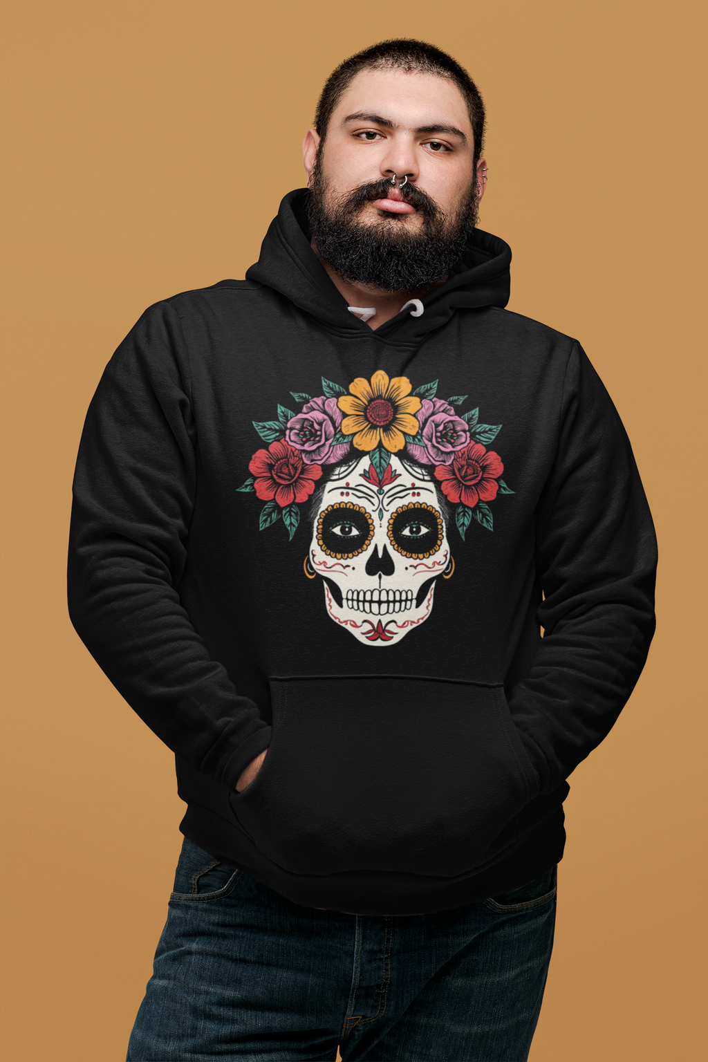 Sudadera con gorro Catrina Flores Rosas y Rojas — “Alma Viva”